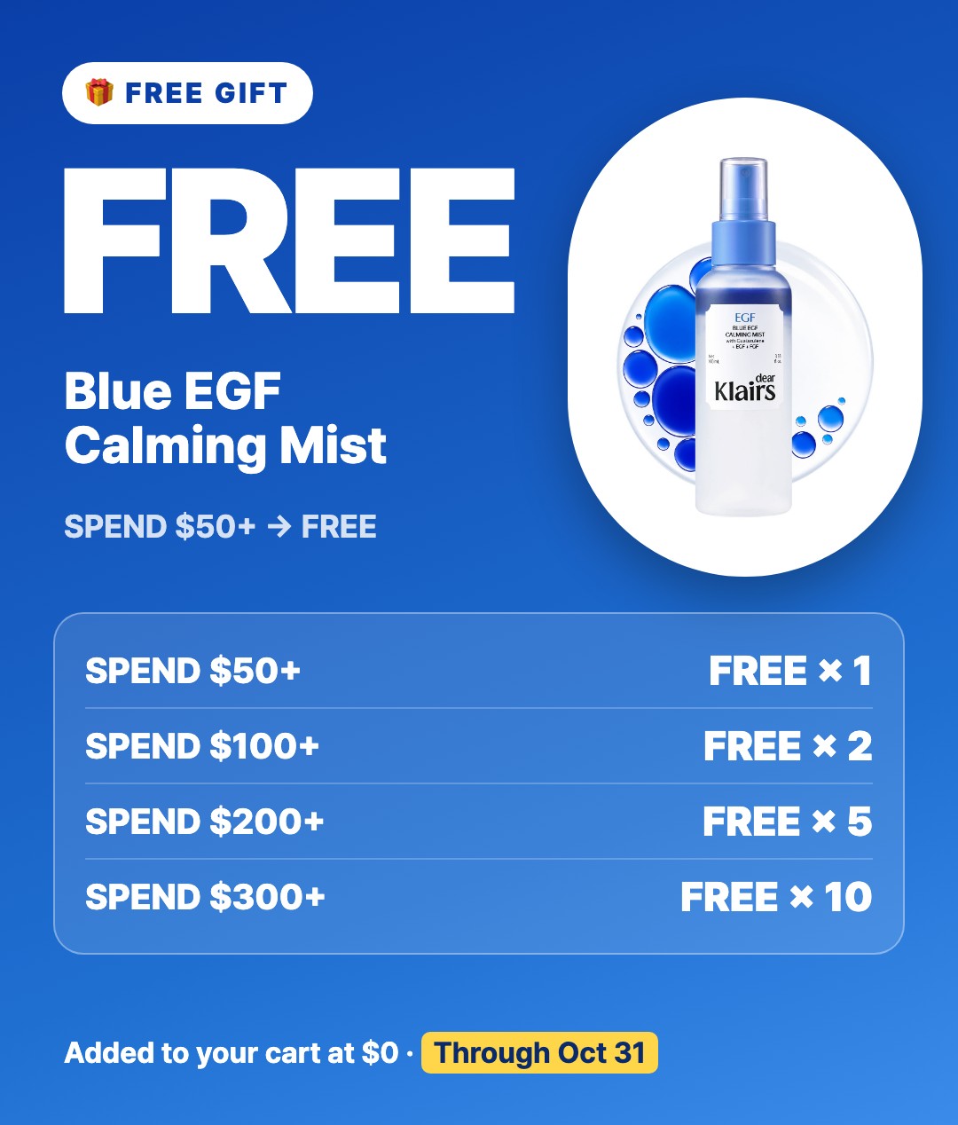 Spend $50+, get a free Blue Mist. Up to 10 free at $300. Added to your cart at $0.