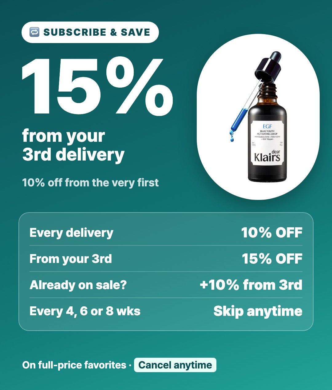 15% off from your 3rd delivery. 10% off every delivery on full-price favorites, 15% from your 3rd. Skip or cancel anytime.
