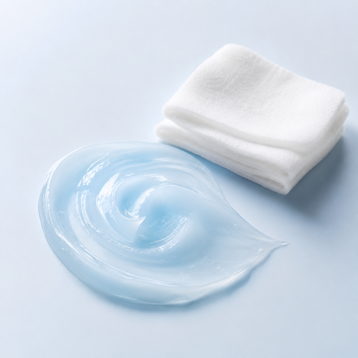 Blue calming gel-cream swatch beside soft cotton — barrier-supportive skincare for active-stressed skin