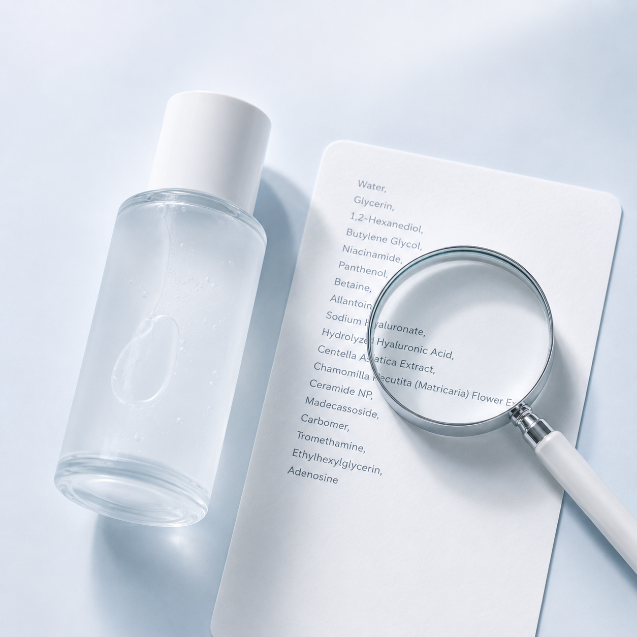 Clear skincare bottle beside a full ingredient list and magnifying glass — ingredient transparency