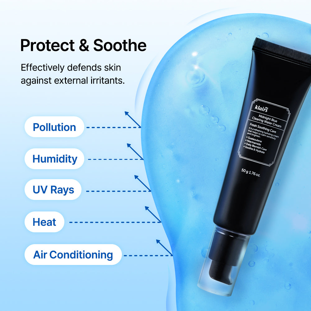 Klairs Midnight Blue Clearing Water Cream protecting the skin barrier from external irritants