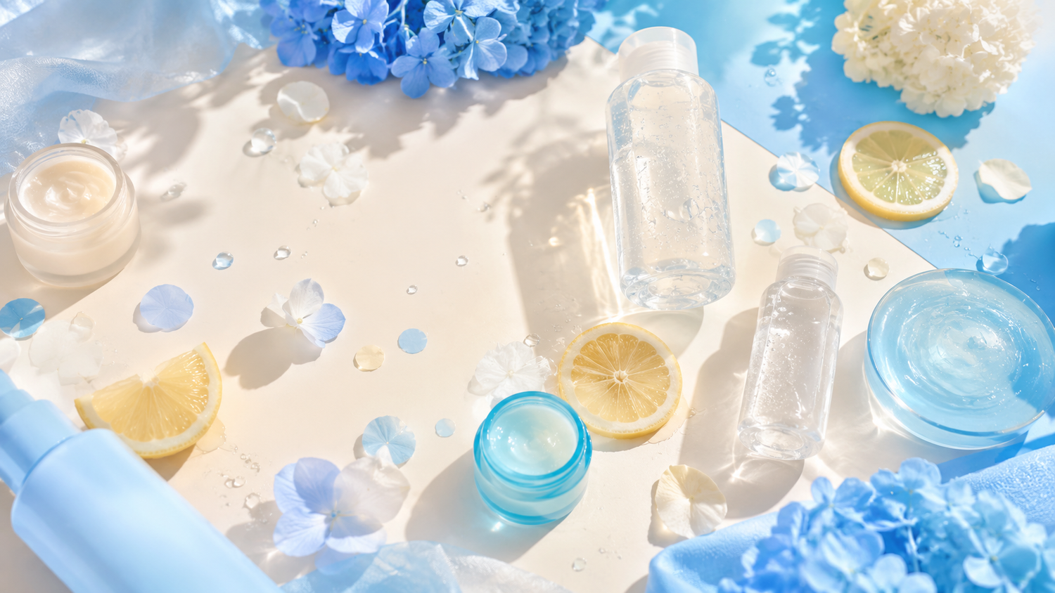 Blue skincare flatlay — comparing cica exosome, PDRN and guaiazulene soothing ingredients