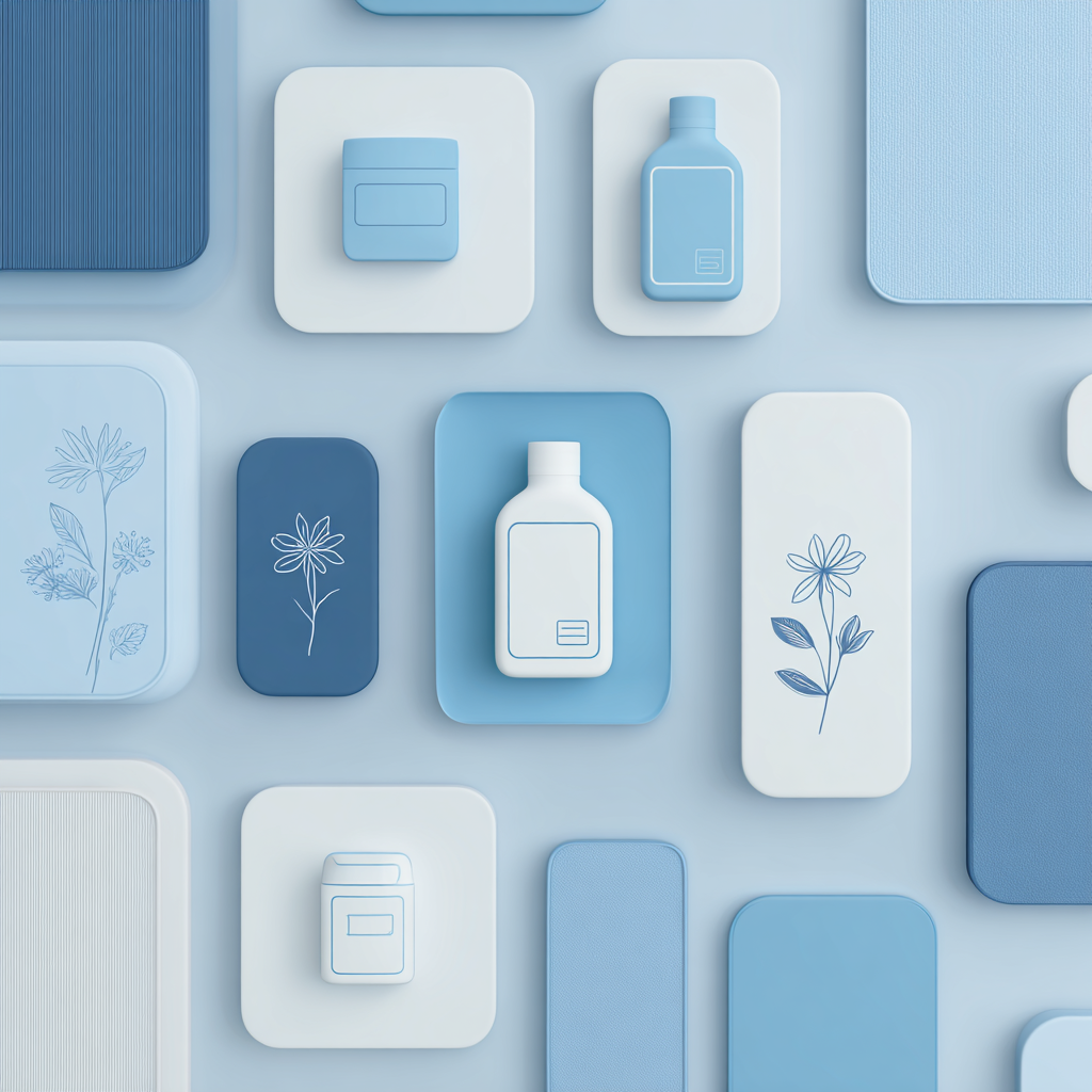 Guaiazulene and cica blue calming skincare flatlay