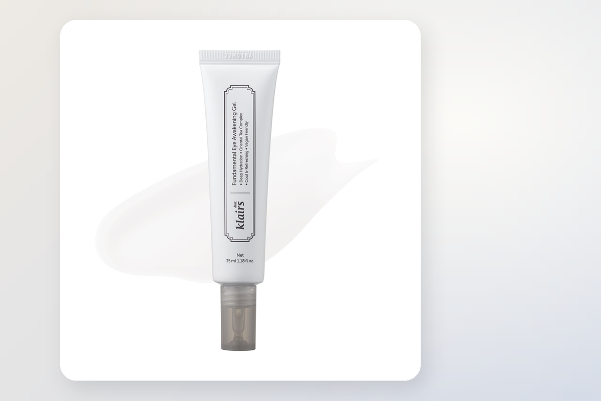Klairs Fundamental Eye Awakening Gel on a soft neutral gradient background