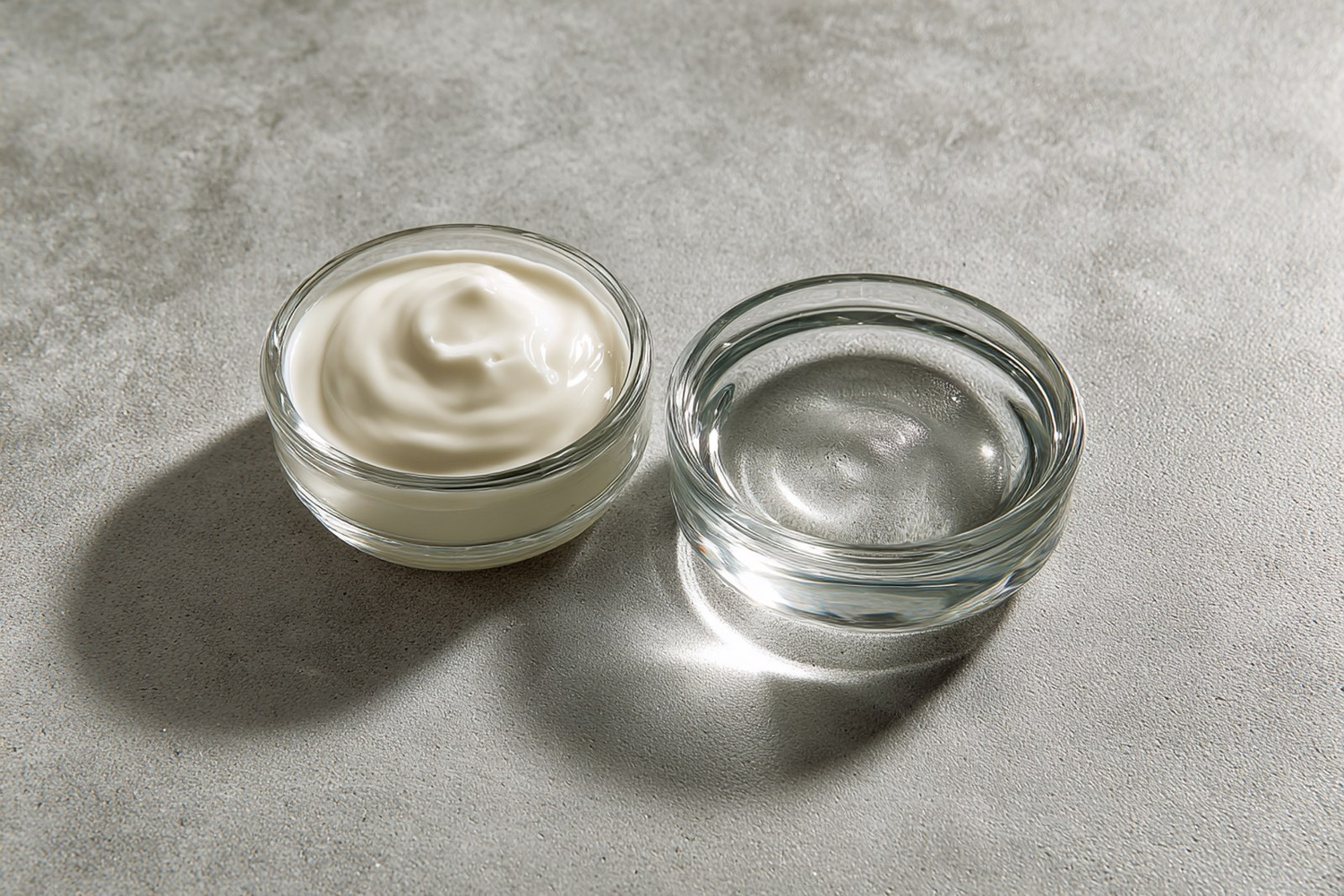 A glass dish of rich cream beside a glass dish of clear gel on a grey surface