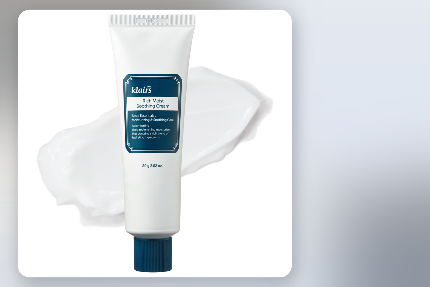 Klairs Rich Moist Soothing Cream on a soft blue and cream gradient background