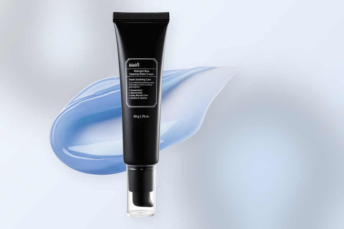 Klairs Midnight Blue Clearing Water Cream on a soft blue gradient background