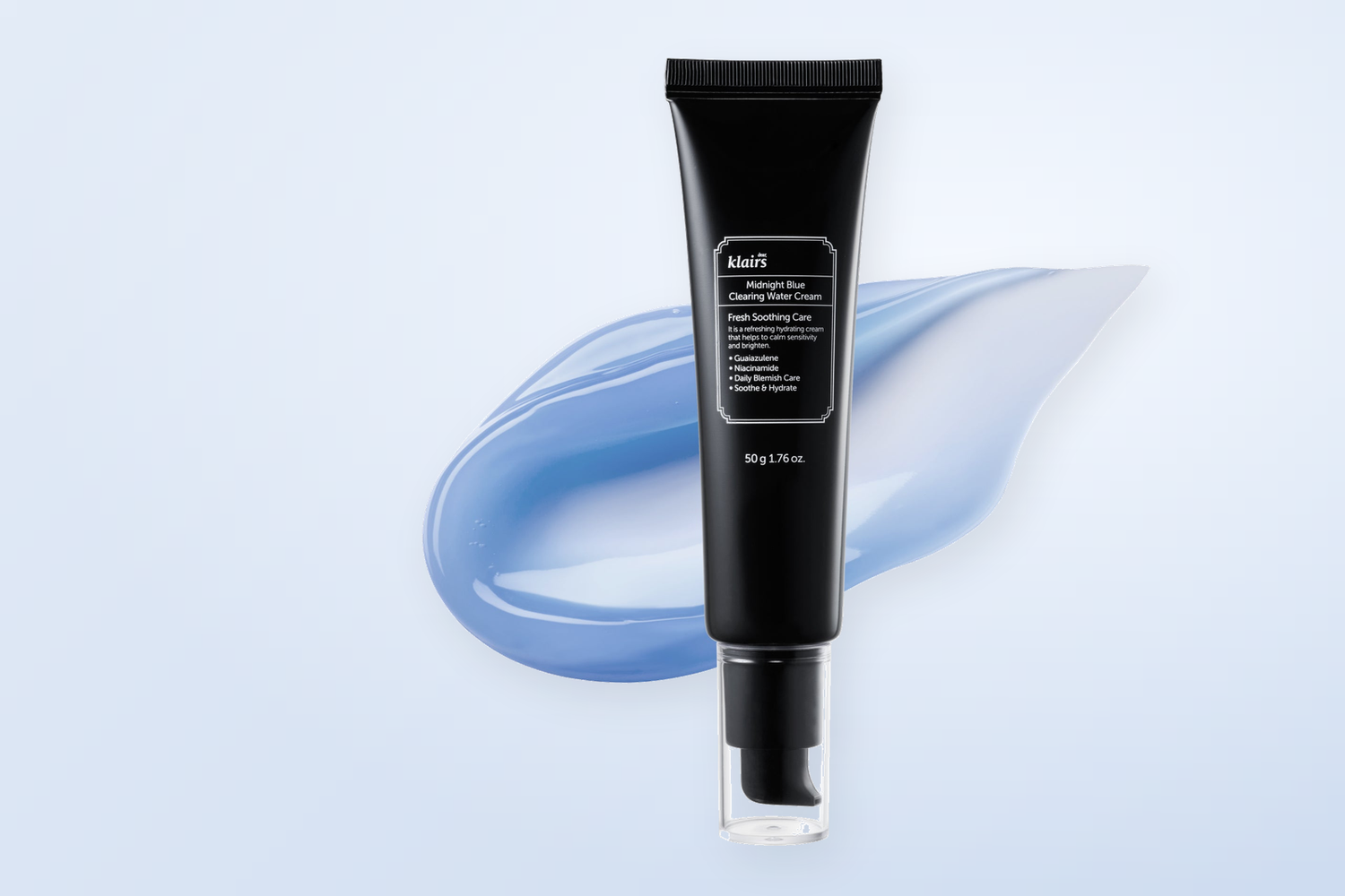 Klairs Midnight Blue Clearing Water Cream on a soft blue gradient background