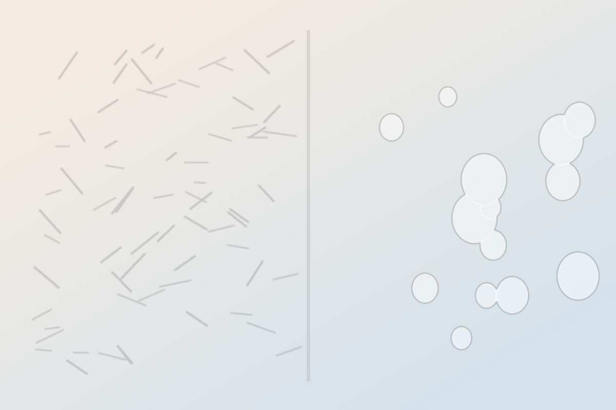 Split abstract: crinkled lines on a warm left side and smooth water droplets on a cool right side