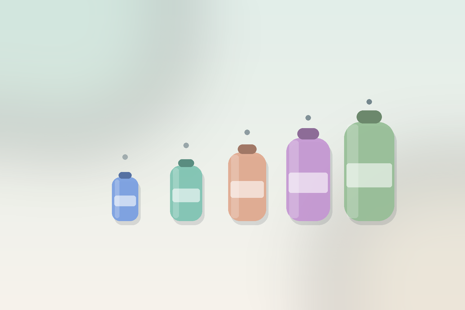 A row of small skincare minis rising in size, illustrating trialing before committing to a full size.