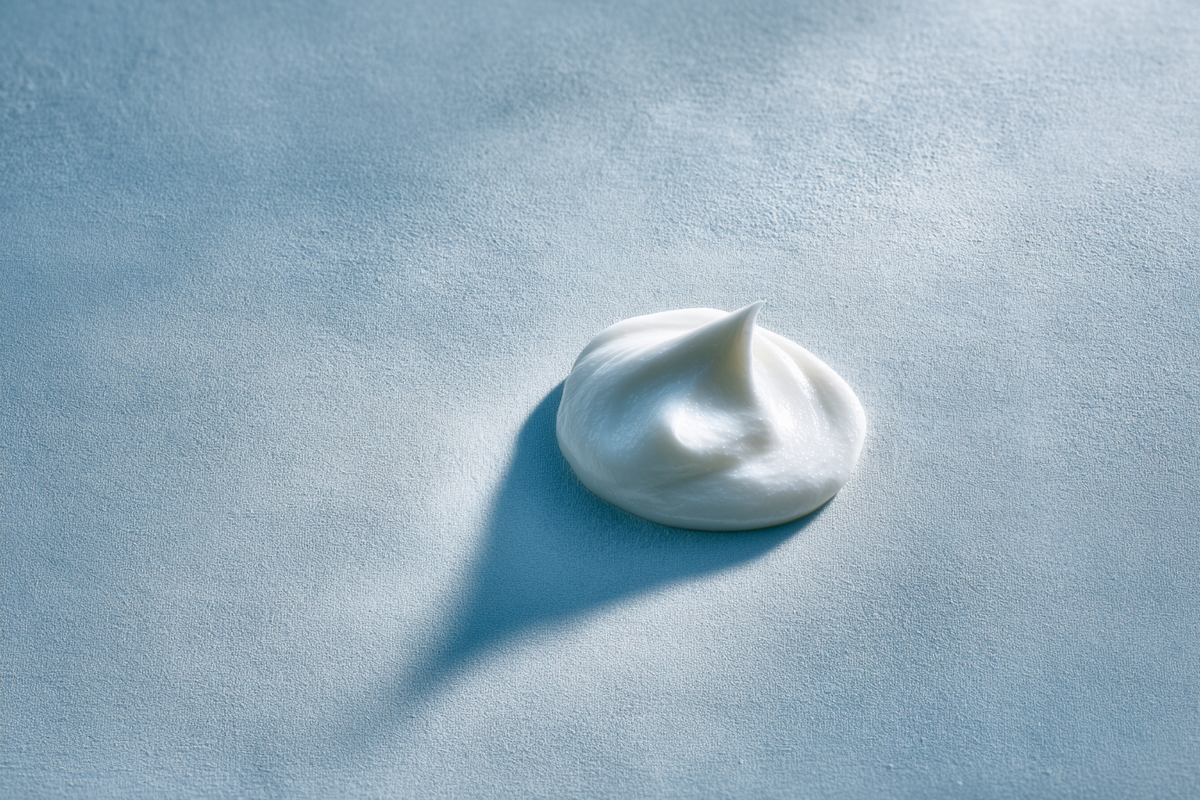 A pearly dab of cream on a calm blue-lilac surface
