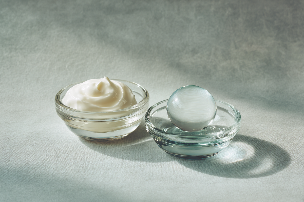 Two small dishes of cream and gel catching soft light on grey stone