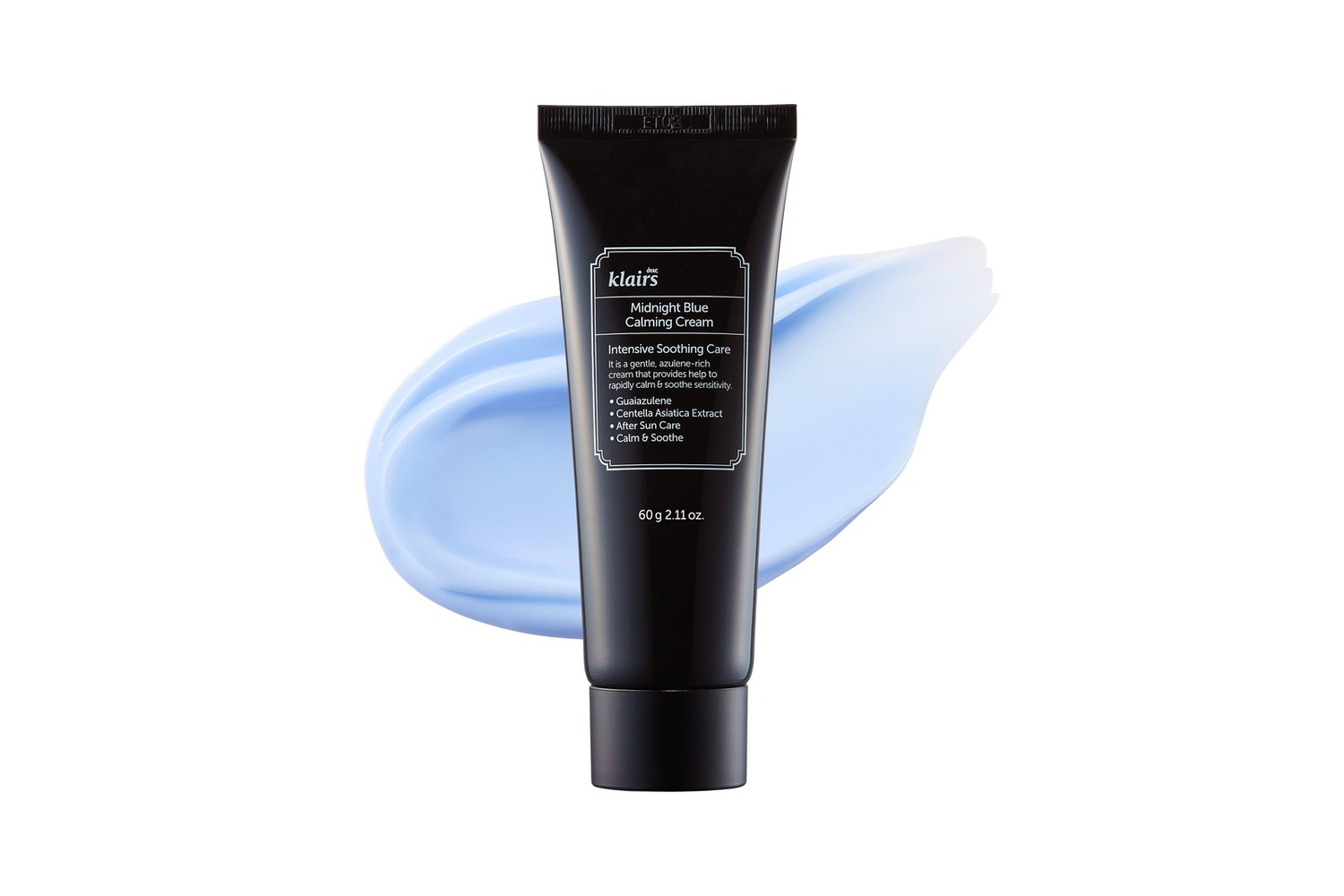 Klairs Midnight Blue Calming Cream tube with a blue cream swatch