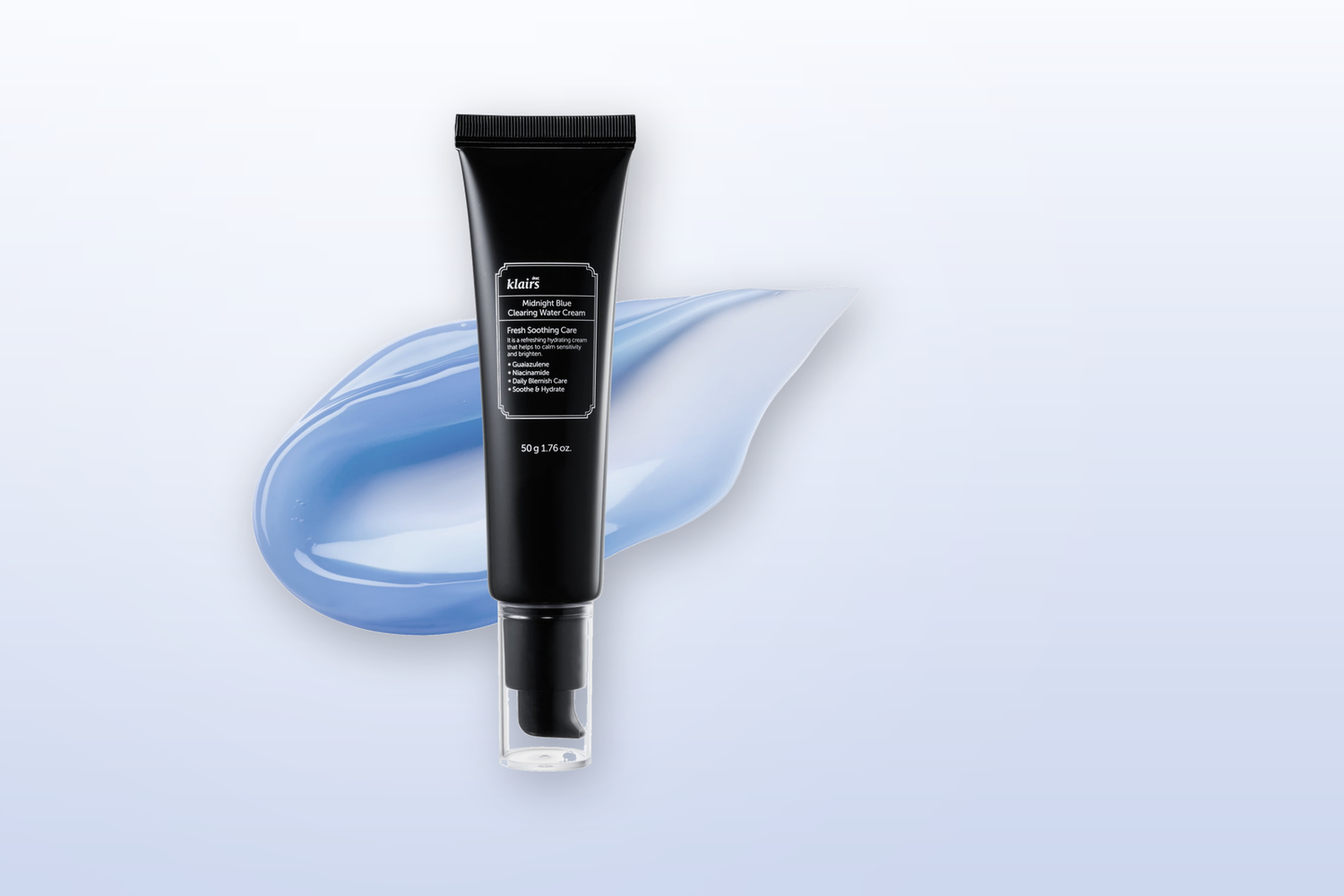 Klairs Midnight Blue Clearing Water Cream with a blue cream swatch on a soft blue gradient background