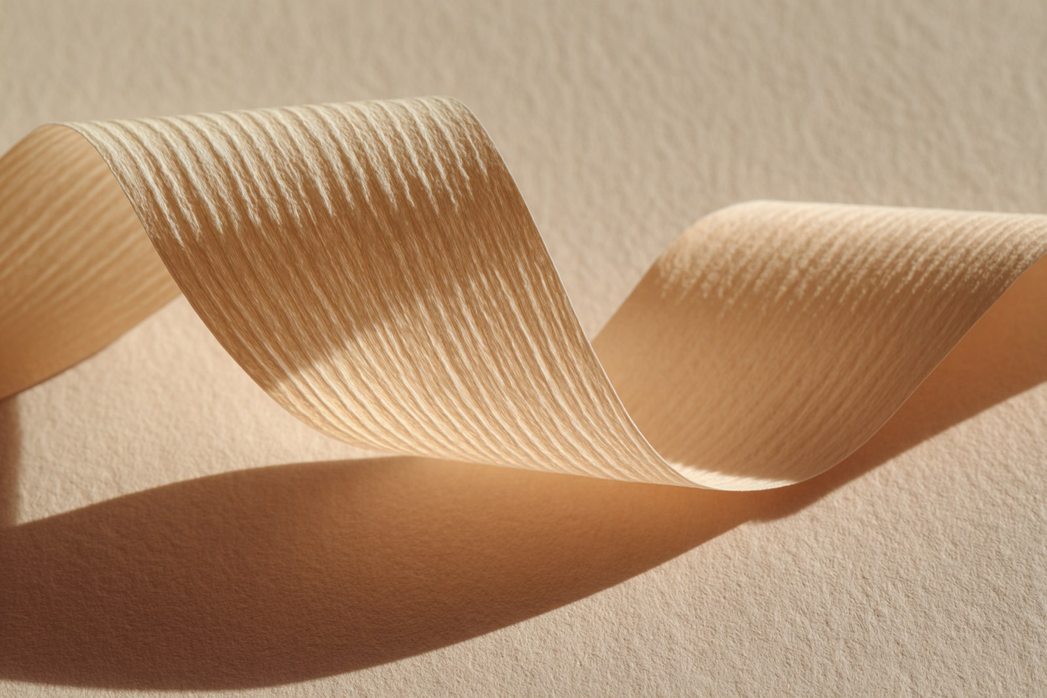 A softly folded ribbon of ribbed cream paper in warm light