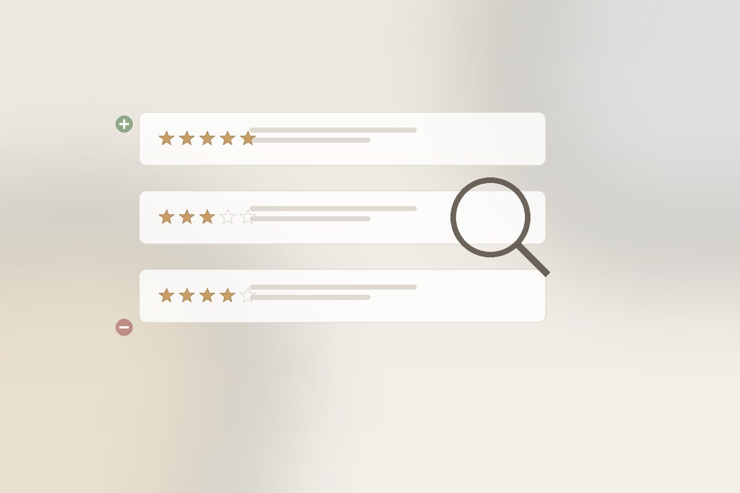 Three review cards with mixed star ratings and a magnifier over the honest middle one, representing reading balanced skincare reviews.