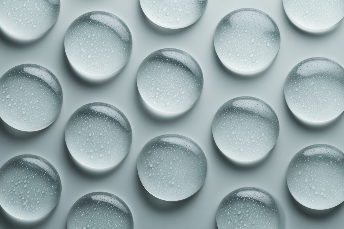 A grid of near-identical clear gel droplets