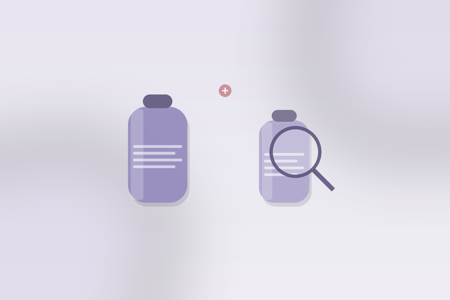 Two skincare bottles of slightly different size with a magnifier over the label, representing checking for a reformulation or size change.
