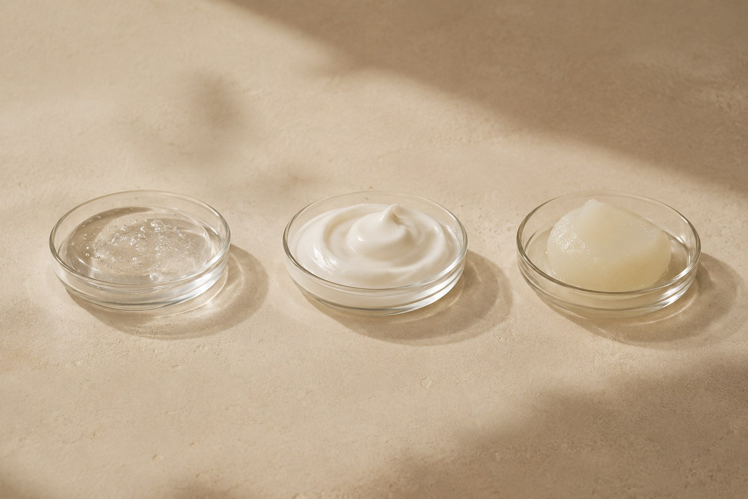 Three glass dishes holding a watery gel, a silky cream, and a glossy balm on a warm neutral surface