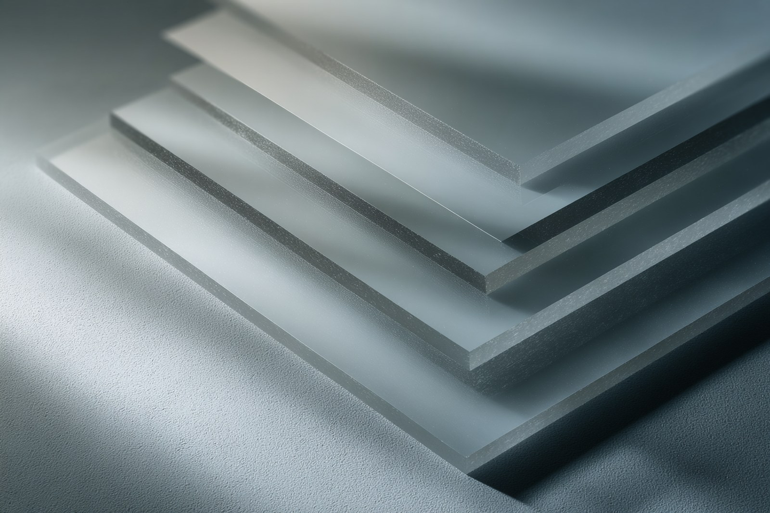 Stacked translucent glass sheets showing clear layers in sequence