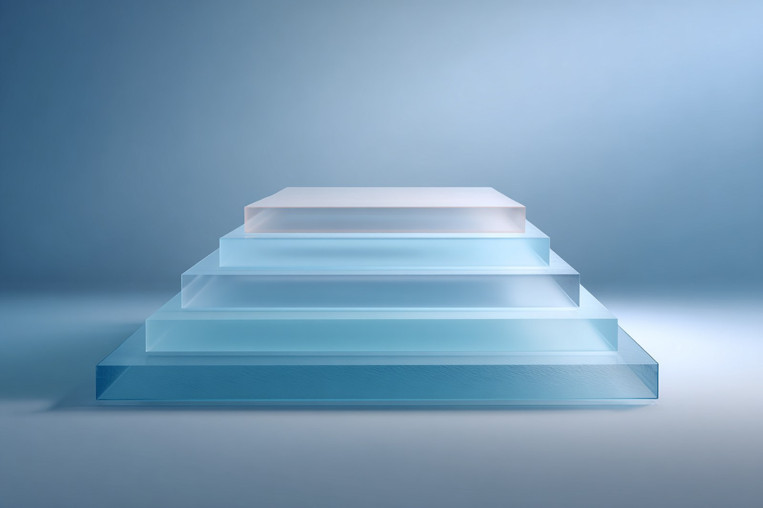Layered translucent blue glass sheets ascending like gentle steps