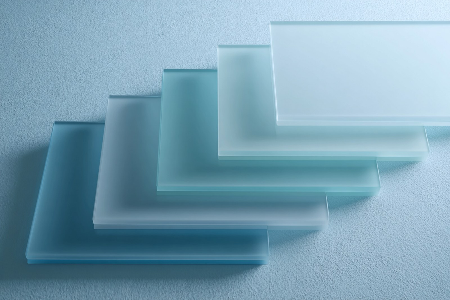 Layered translucent blue glass sheets, a calm editorial abstract