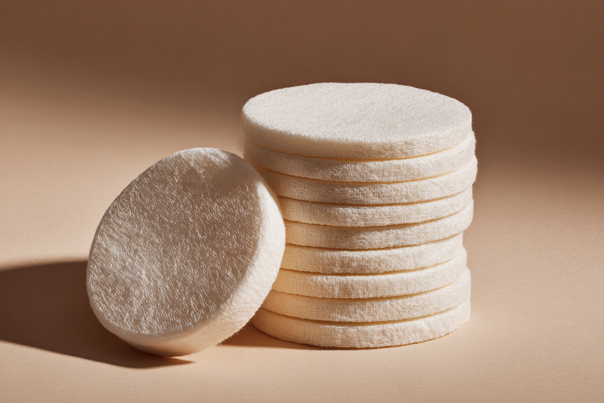 A neat stack of round cotton pads in warm daylight