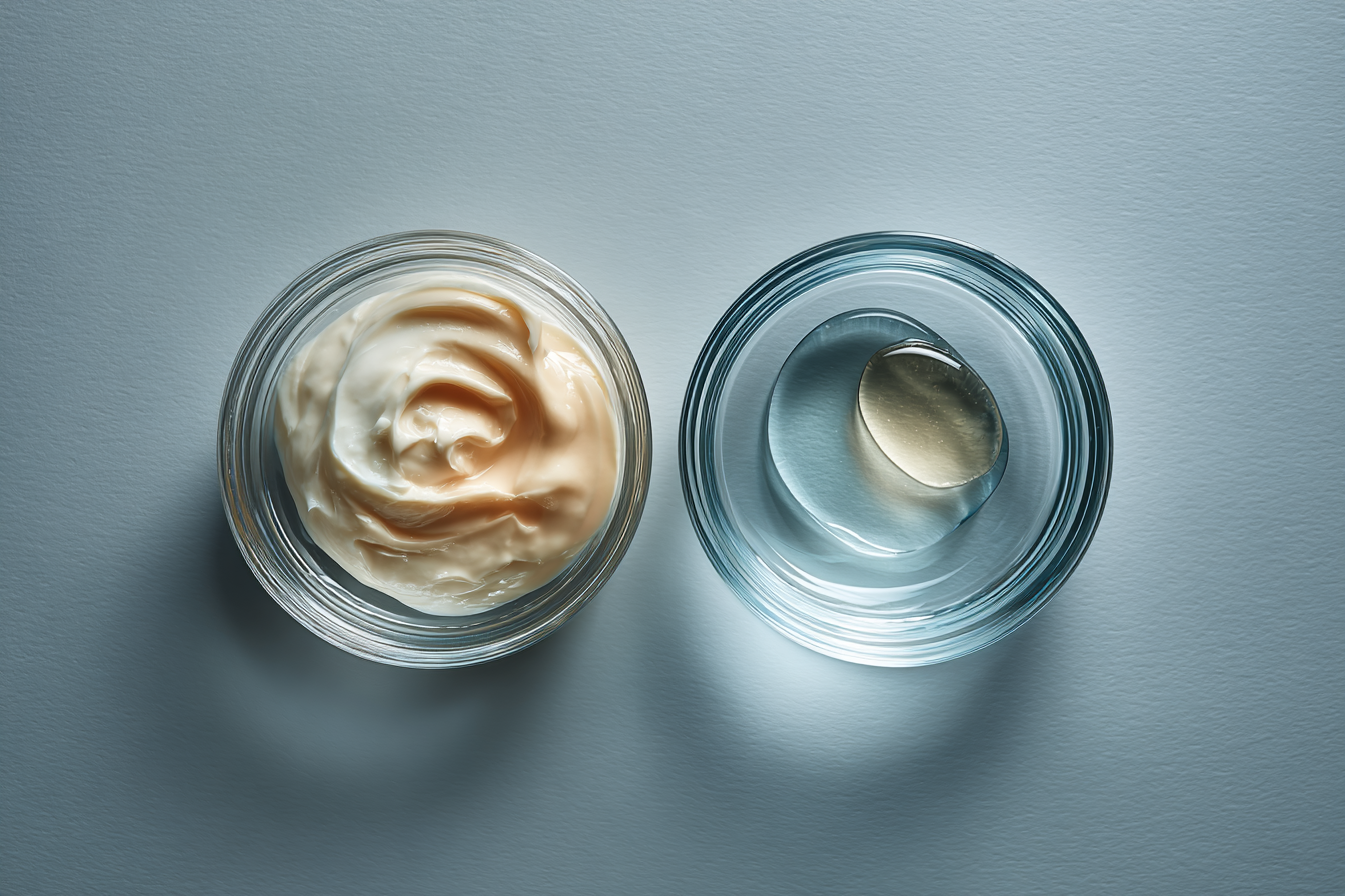 Two small dishes of skincare, a cream swatch and a gel drop, side by side