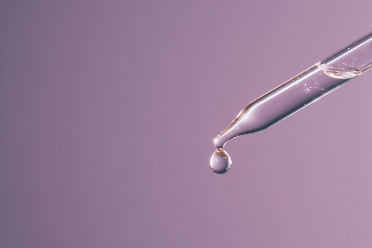 A lilac dropper releasing a single droplet, editorial abstract