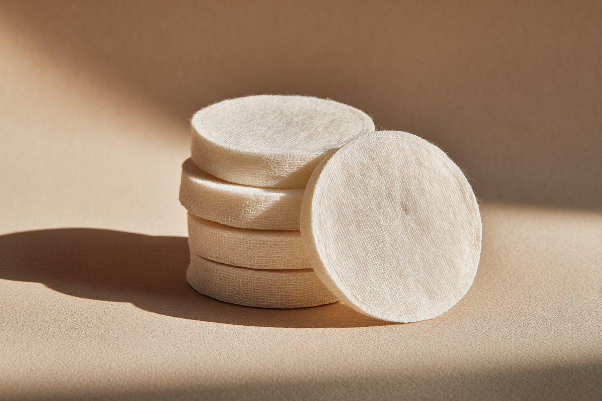 A neat stack of round cotton pads in warm daylight