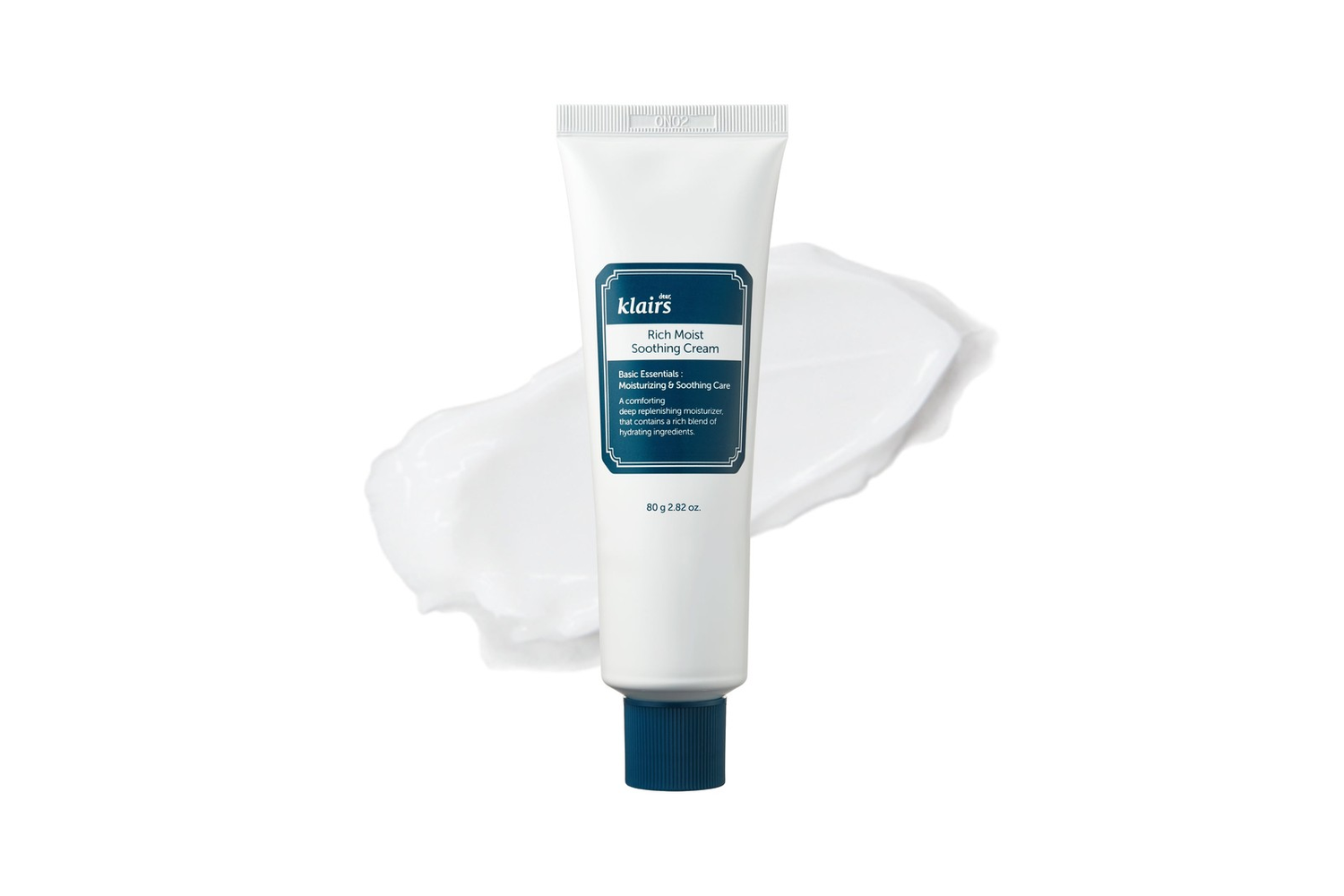 Klairs Rich Moist Soothing Cream tube with a soft cream swatch on a white background
