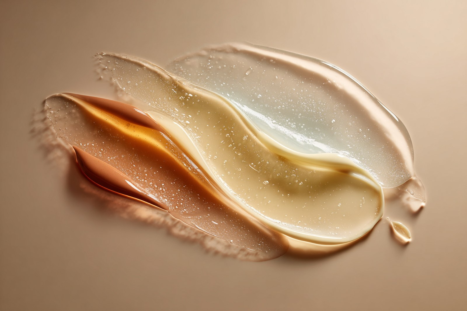 Glossy swatches of different skincare textures on a warm neutral surface