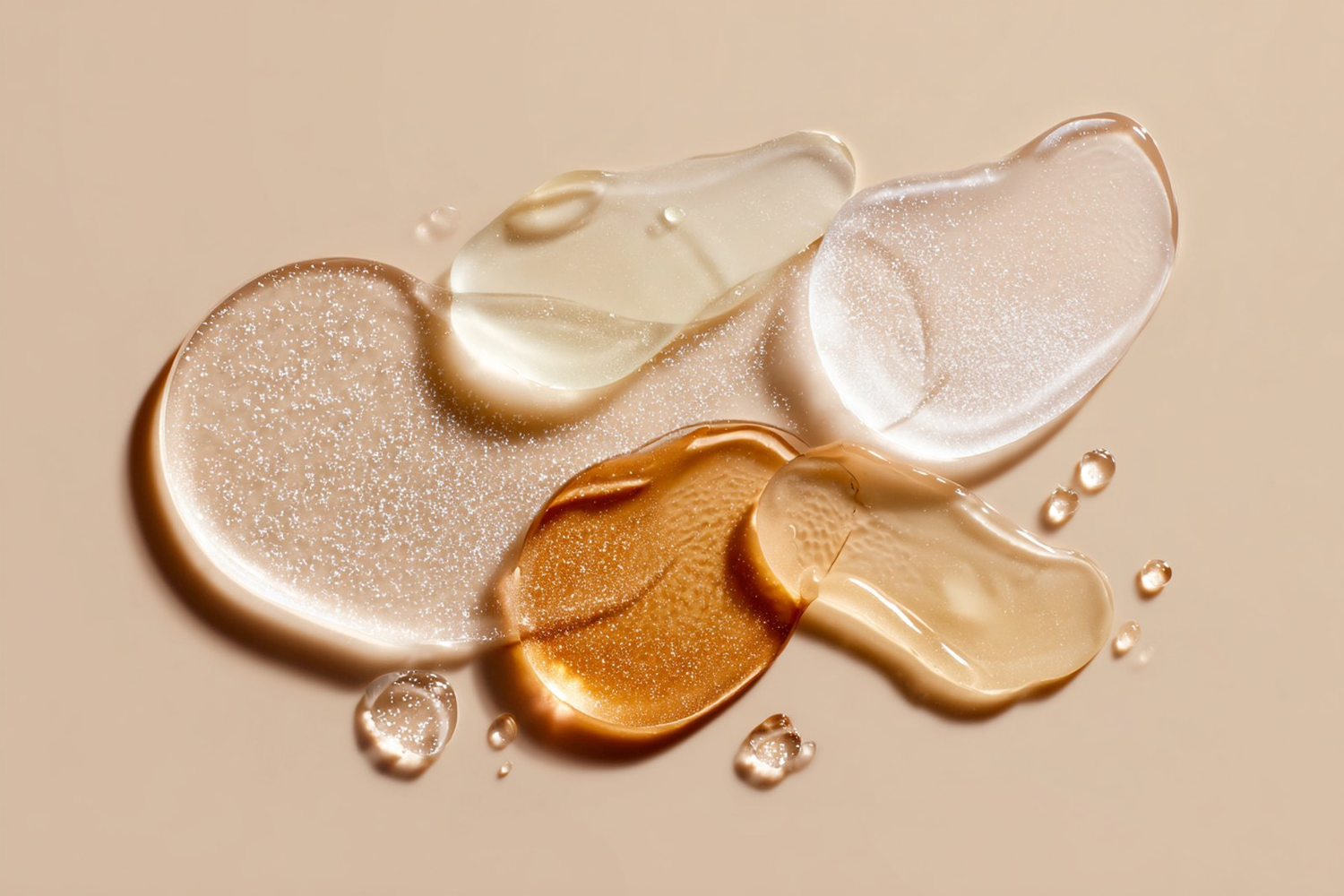Several translucent skincare textures on a warm neutral surface