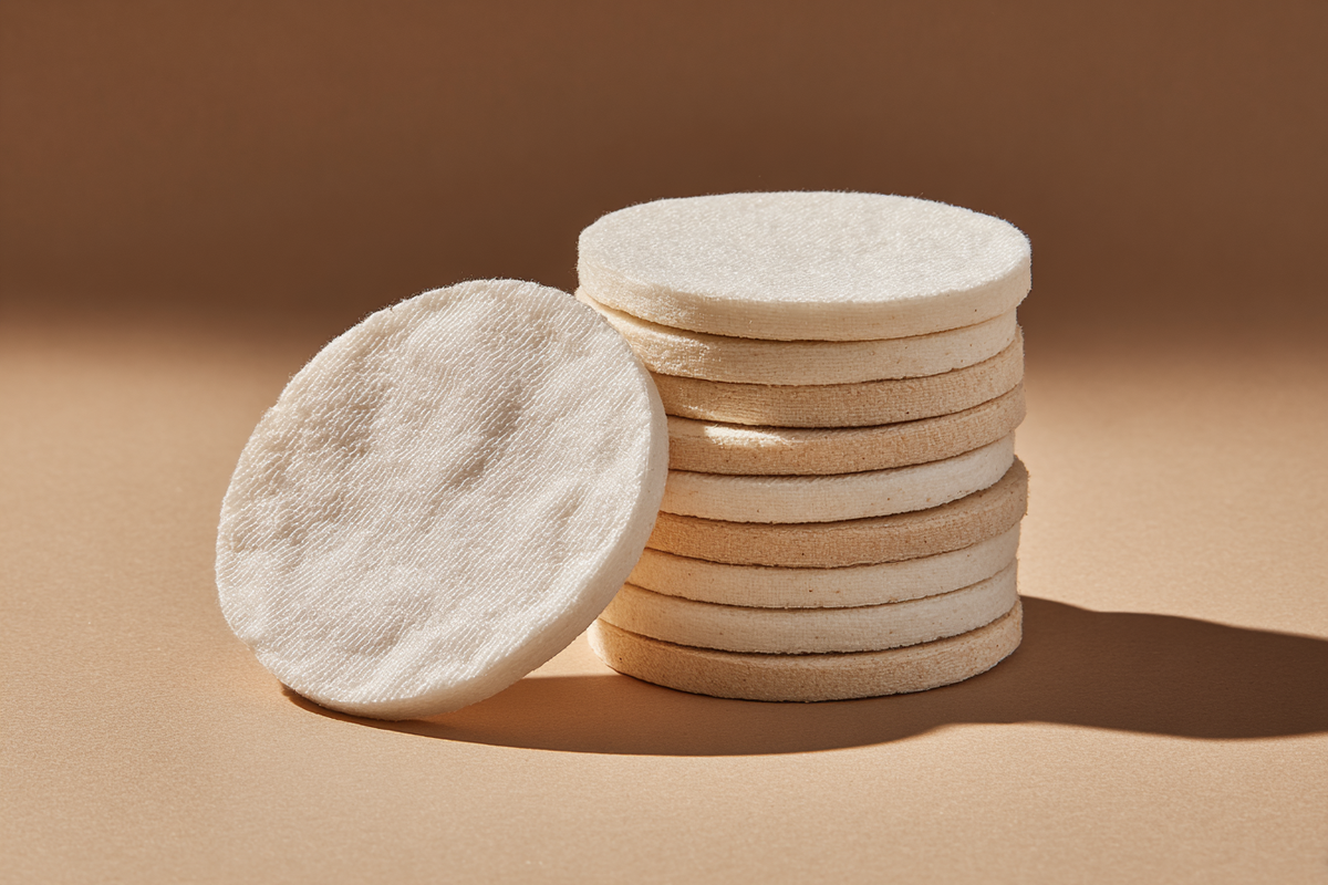 A neat stack of round cotton pads on a warm tan surface