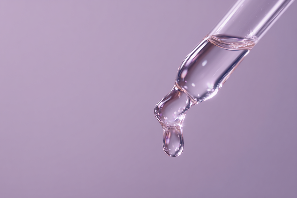 A lilac dropper releasing a single droplet