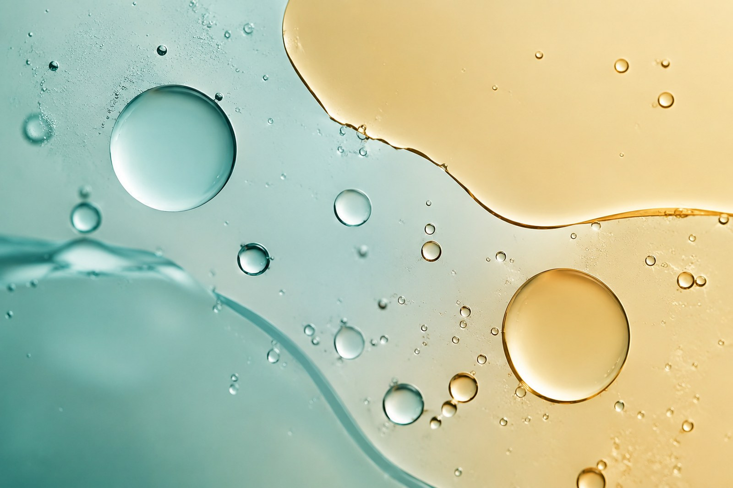 Cool teal water droplets and warm golden oil droplets meeting without blending