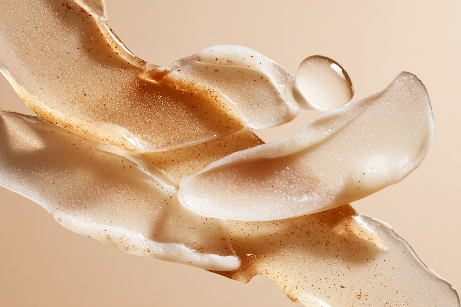 Glossy translucent cleansing textures on a warm neutral surface