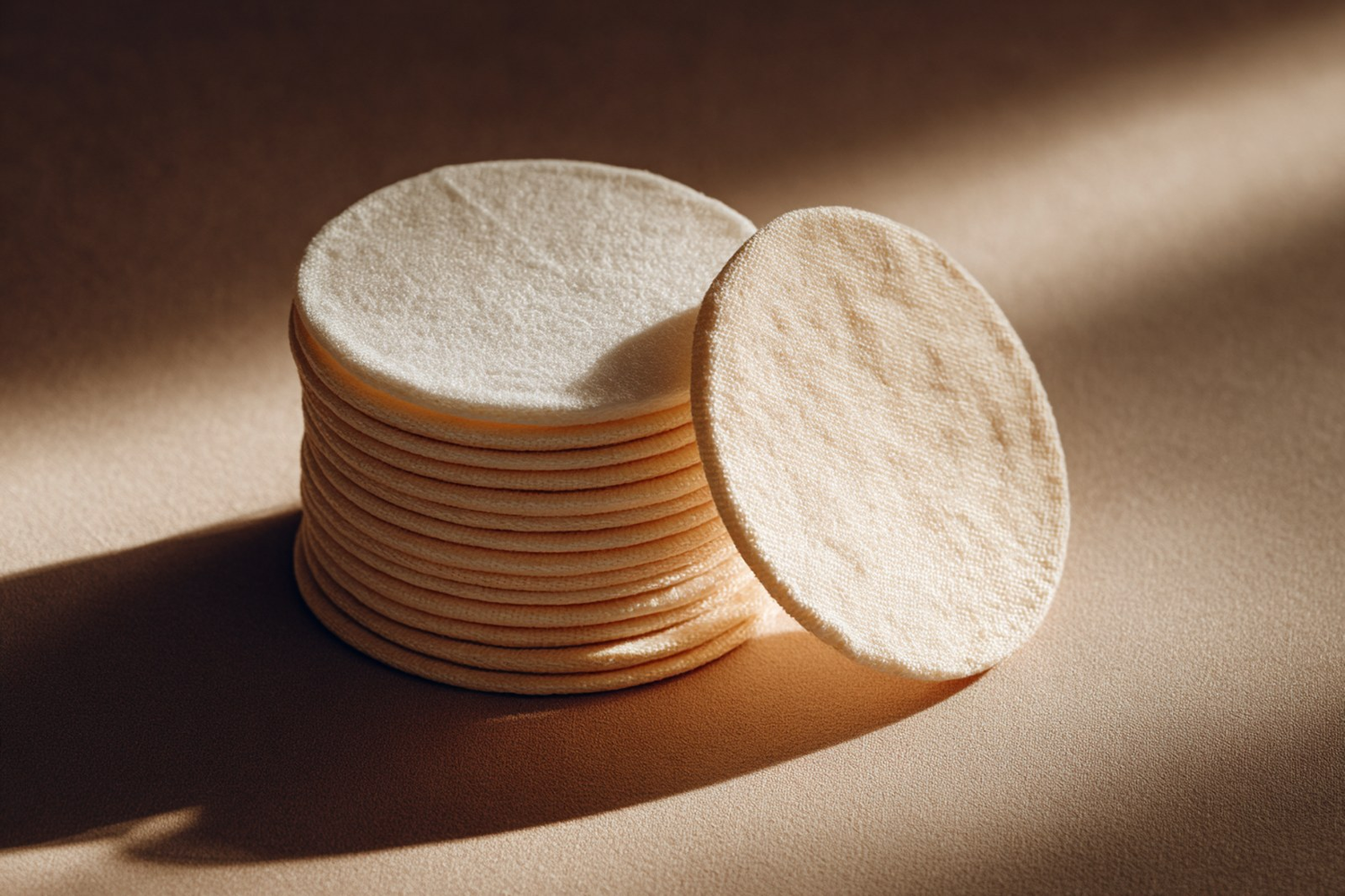 A neat stack of round cotton pads with one pad leaning against it in soft light