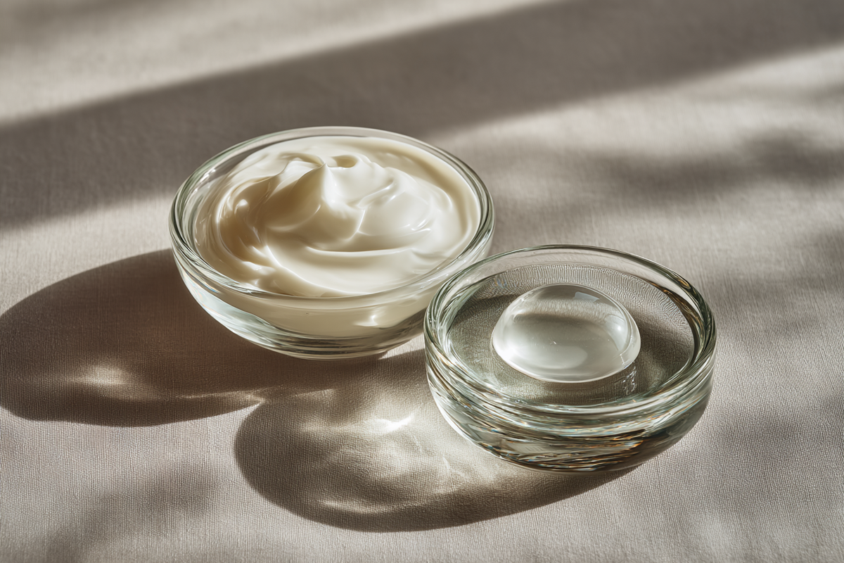 Two small dishes of cream and gel on natural linen
