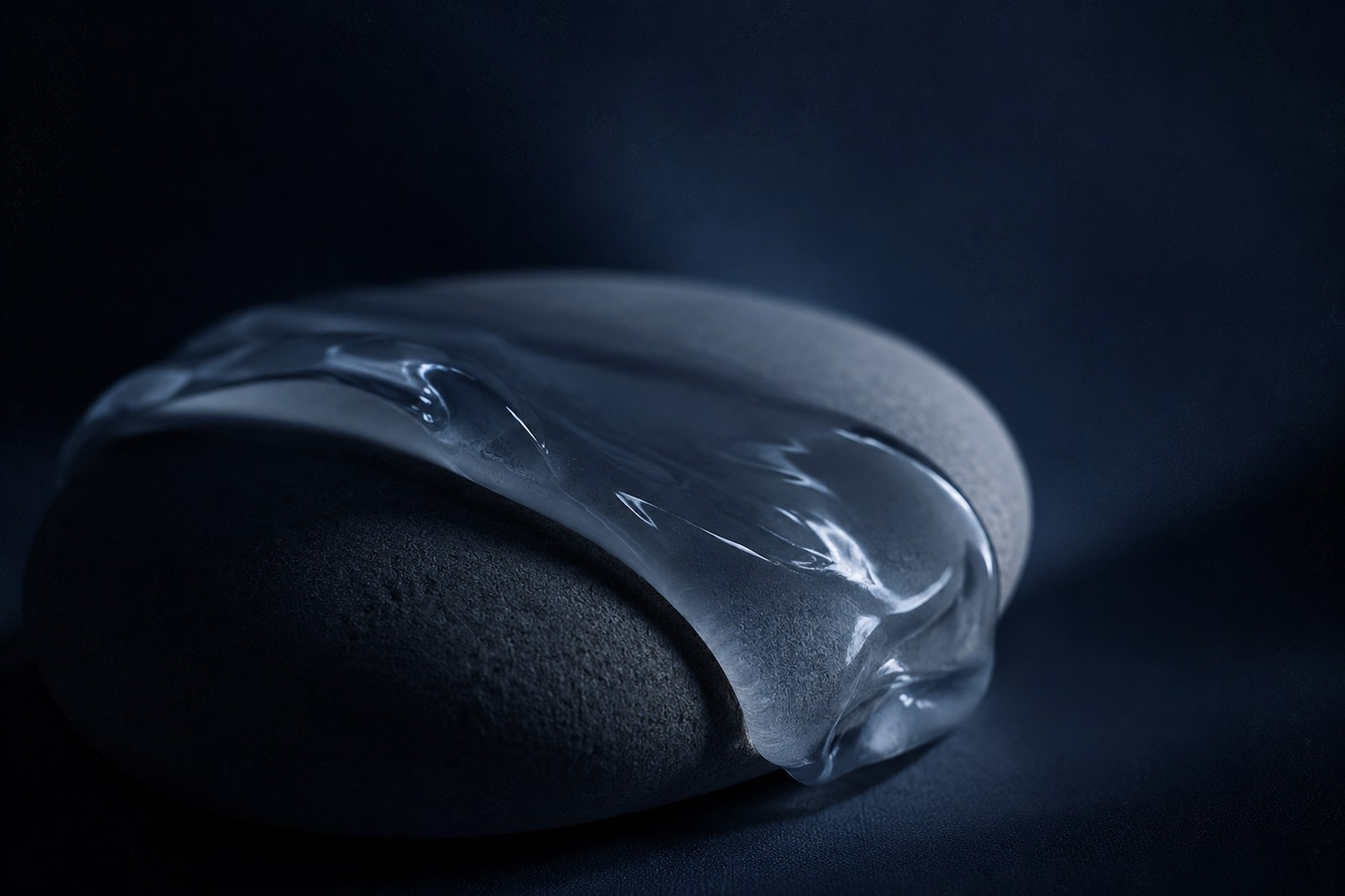 A glossy layer of balm draped over a smooth dark stone at night