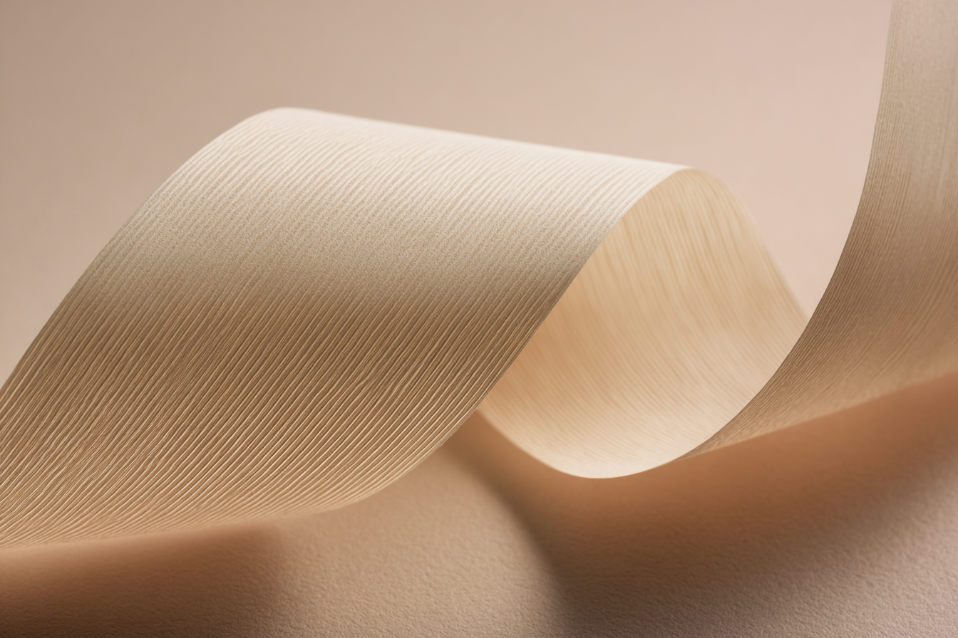 A curling ribbon of soft material on a warm neutral surface