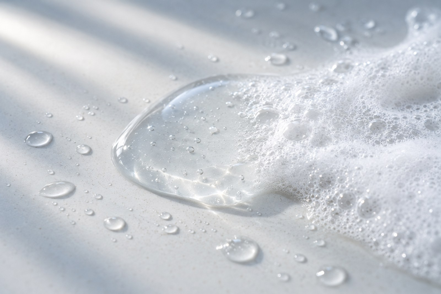 Clear cleansing gel and soft foam with water droplets on a pale surface