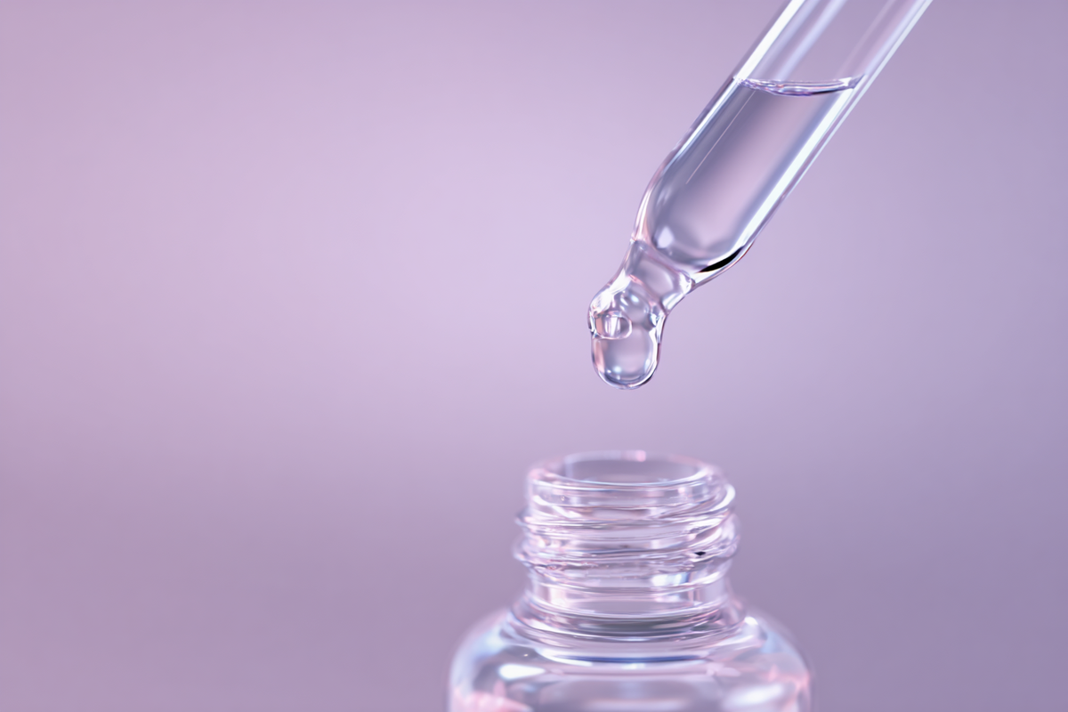 A clear dropper poised over a bottle on a soft lilac backdrop