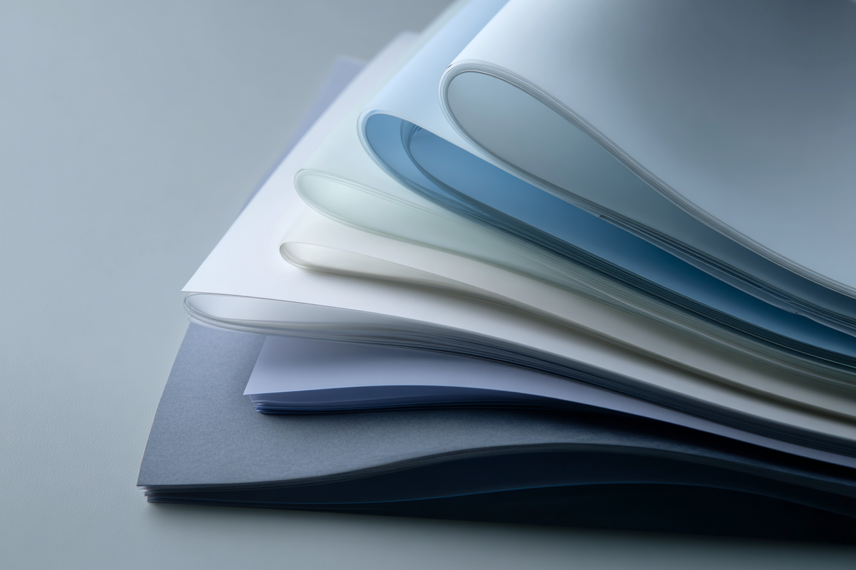 Layered pale-blue papers in soft daylight, editorial abstract