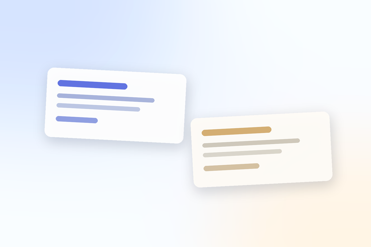 Two abstract review cards tilted in opposite directions on a pale blue and cream background