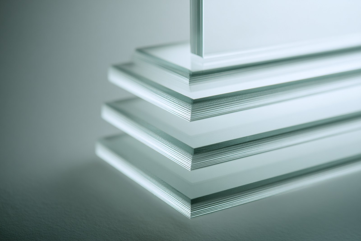 Stacked translucent glass layers on a soft grey surface, suggesting how skincare layers sit
