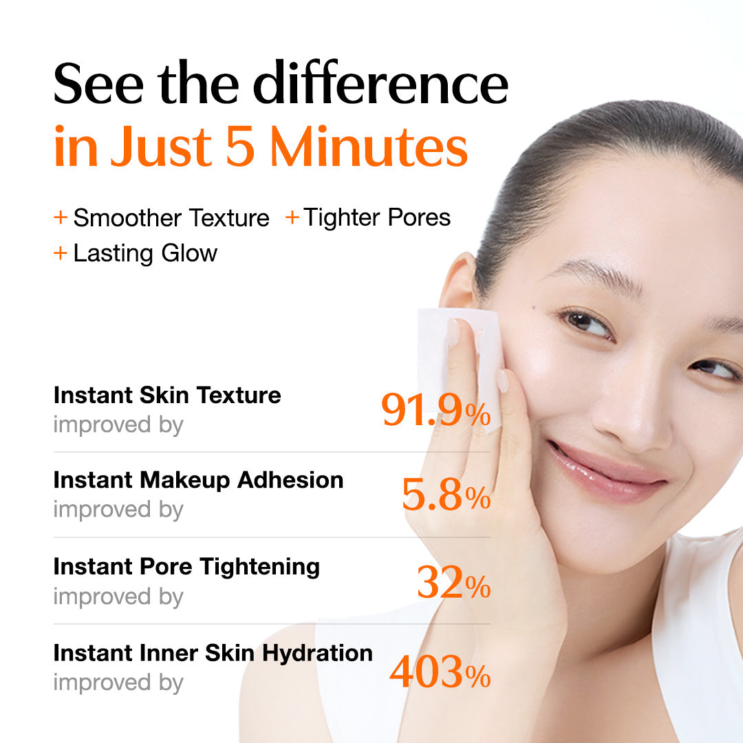 Official Klairs Vitamin Skin Prep Pad graphic showing 5-minute texture, makeup adherence, pore tightening, and inner hydration results