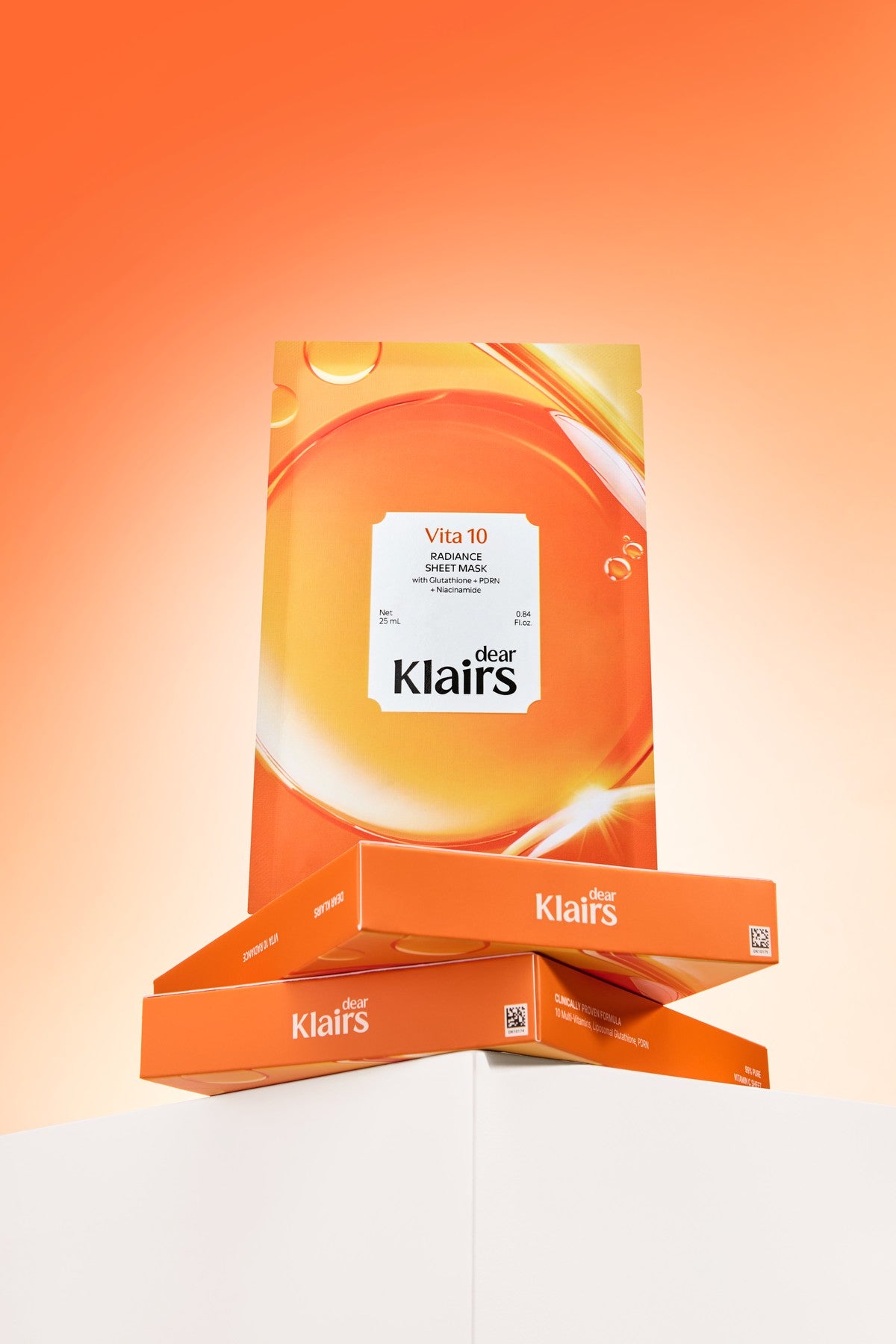 Dear Klairs Vita 10 Radiance Sheet Mask orange packshot with box and sheet mask