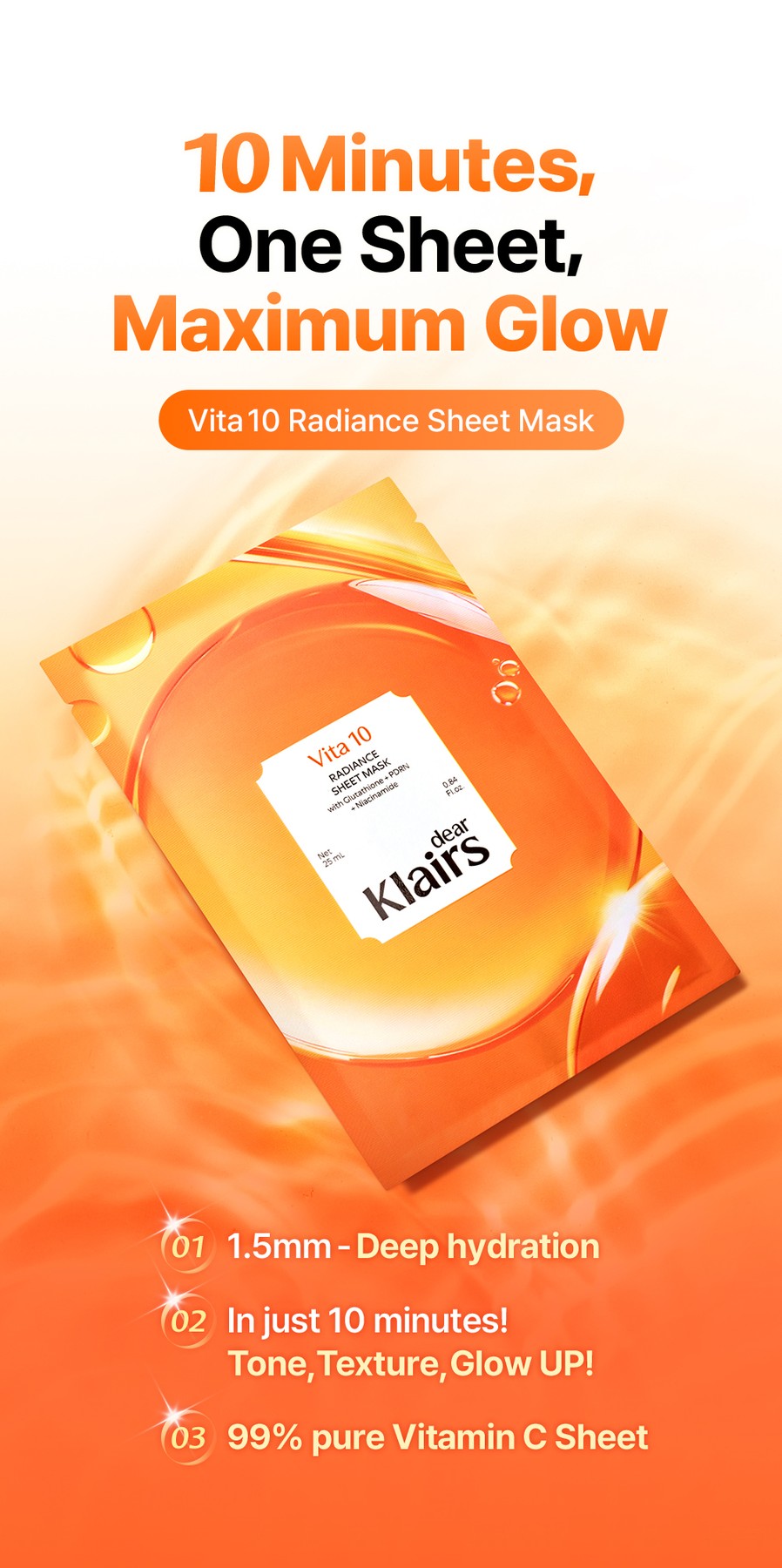 Official Dear Klairs Vita 10 Radiance Sheet Mask graphic showing 10 minute glow care and vitamin C sheet