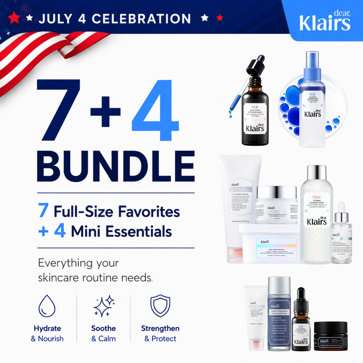 7+4 Skincare Routine Bundle with seven full-size Klairs favorites and four mini essentials